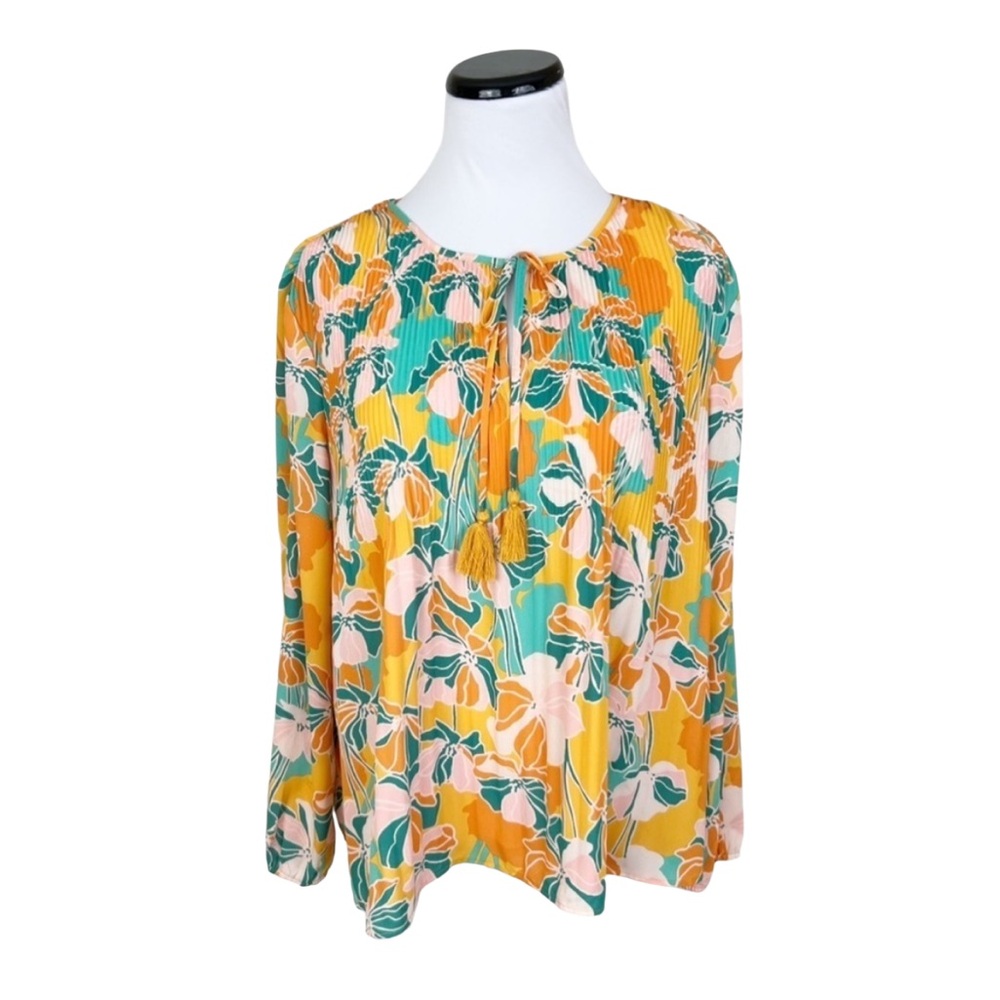 DR2 Daniel Rainn Boho Pleated Tassel Tie Floral Blouse Long Sleeve Size Small